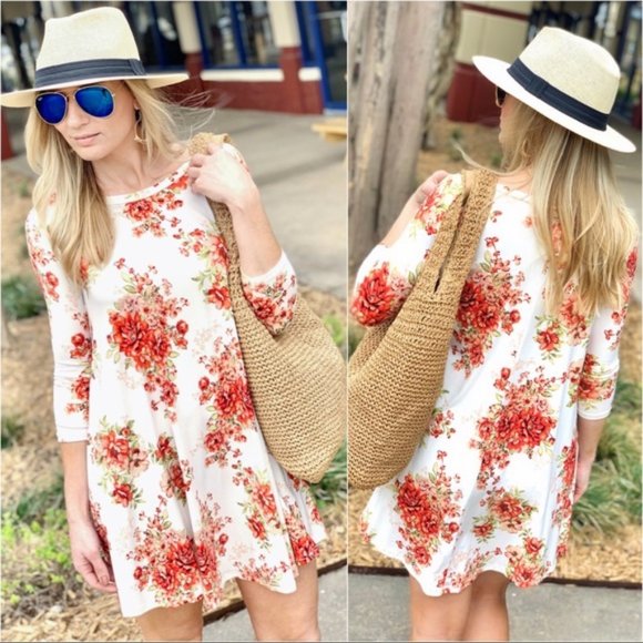 FEELING SO RIGHT SHORT FLORAL SWING DRESS-IVORY - Picture 2 of 4
